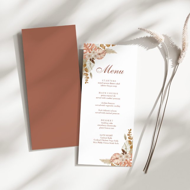 Modern Boho Floral Pampas Grass Wedding  Menu (Modern Boho Floral Pampas Grass Wedding Menu on a sunny white table with a dry wildflower.)