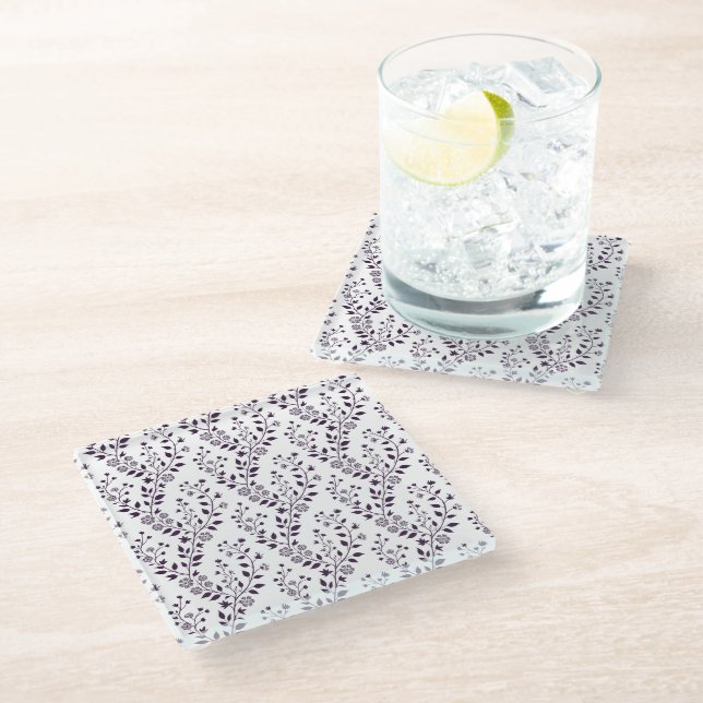 Modern Boho Floral Pattern Plum White Glass Coaster (Angled)