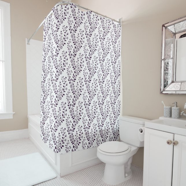 Modern Boho Floral Pattern Plum White Shower Curtain (In Situ)