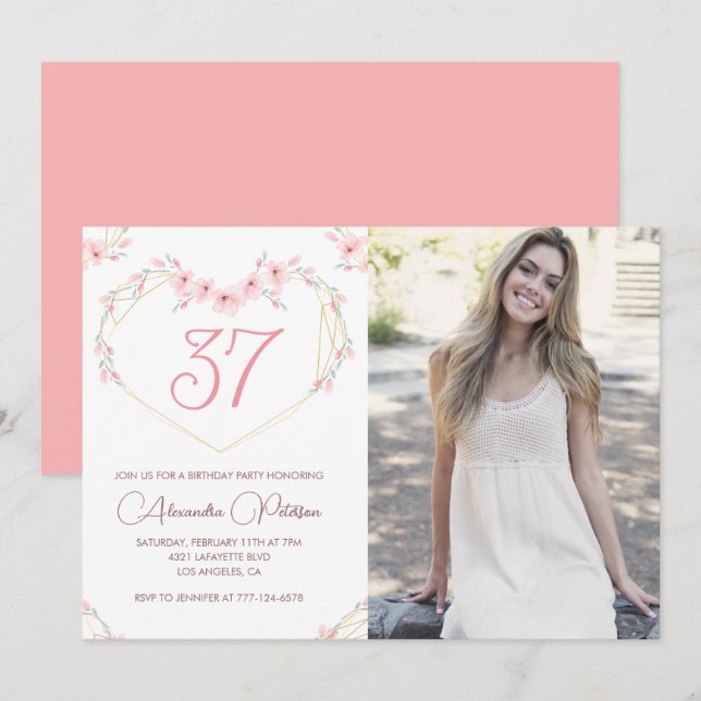 Modern Boho Floral Photo 37th birthday invitation (Front/Back)