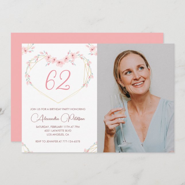 Modern Boho Floral Photo 62nd birthday invitation (Front/Back)