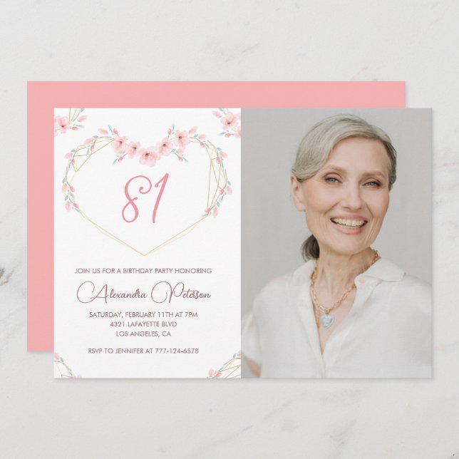 Modern Boho Floral Photo 81st birthday invitation (Front/Back)