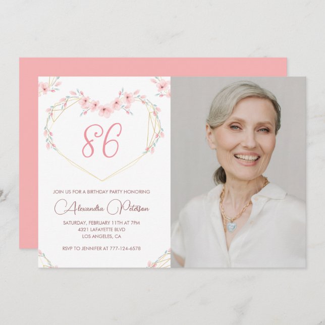 Modern Boho Floral Photo 86th birthday invitation (Front/Back)