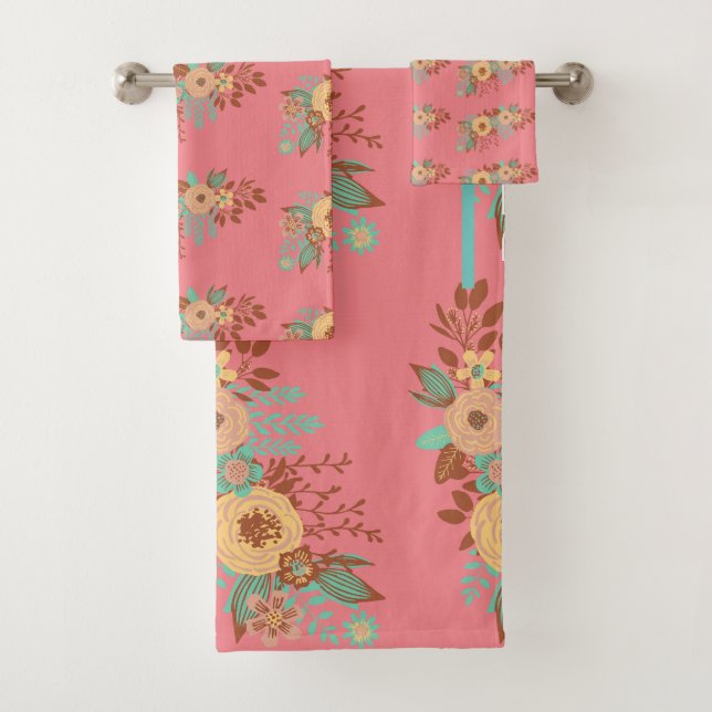Modern Boho Floral Pink  Bath Towel Set (Insitu)