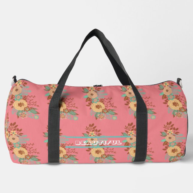 Modern Boho Floral Pink Customise Duffle Bag (Front)