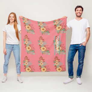Modern Boho Floral Pink Fleece Blanket