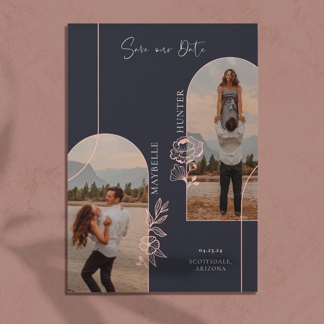 Modern Boho Floral Rose Photo Arch Black Save The Date (Creator Uploaded)