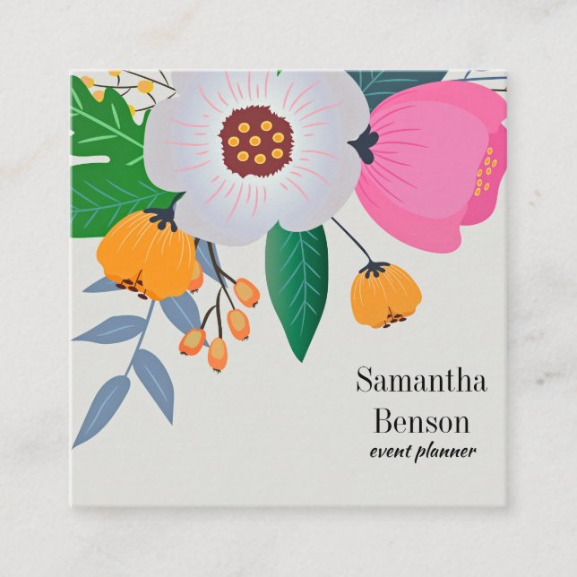 Modern Boho Floral Square Business Card (Front)