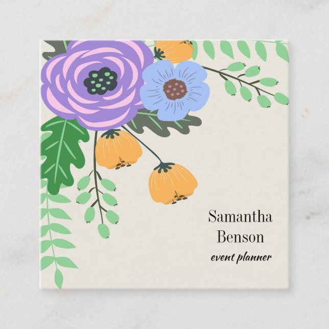 Modern Boho Floral Square Business Card (Front)