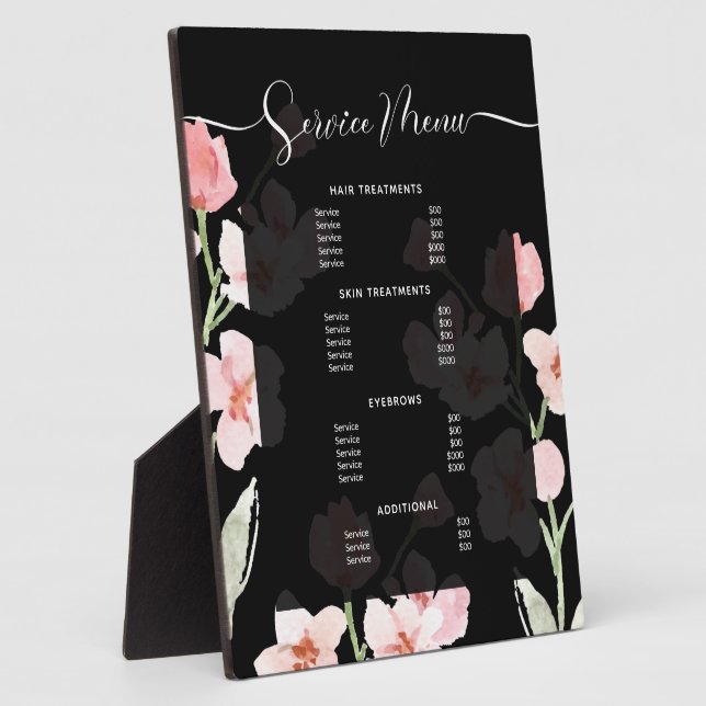 Modern Boho Floral Watercolor Salon Service Menu Plaque (Side)