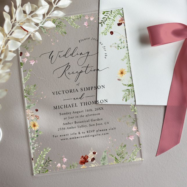 Modern Boho Floral Wedding Reception  Acrylic Invitations (Creator Uploaded)