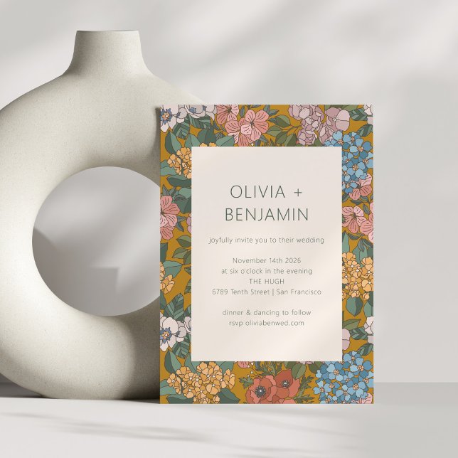 Modern Boho Floral Yellow Green Earthy Wedding Invitation (Creator Uploaded)