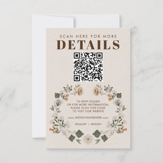 Modern Boho Folk Wedding RSVP Details QR Code Card (Front)