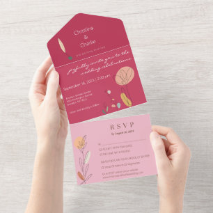 Modern Boho Fuchsia Pink Line Art Wedding All In One Invitation