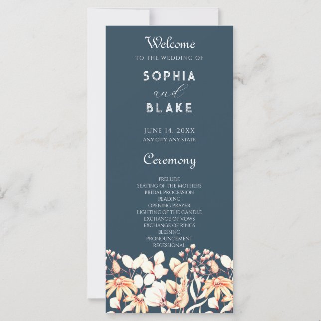 Modern Boho Garden Blue Wedding Program (Front)