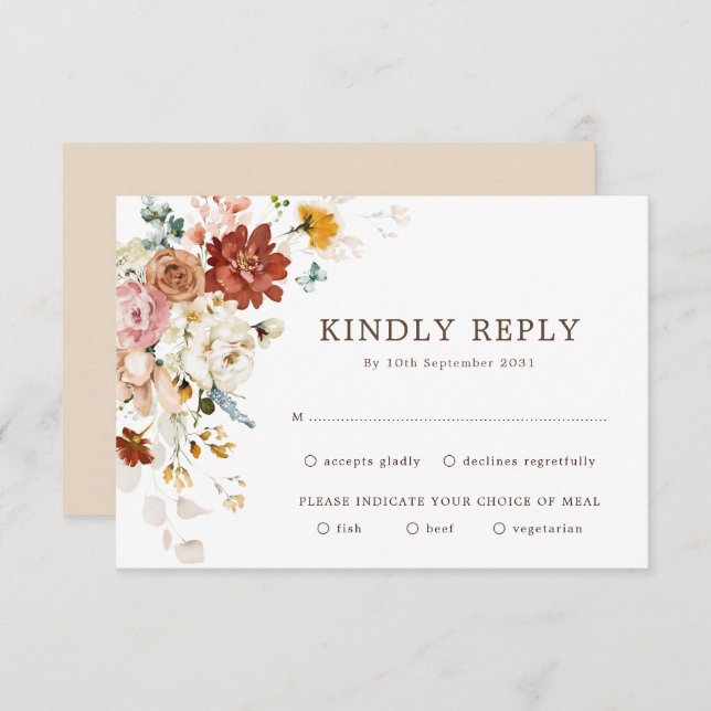 Modern Boho Garden Flower Bouquet Wedding RSVP Card (Front/Back)