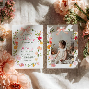 Modern boho garden wildflowers photo 1st birthday invitation