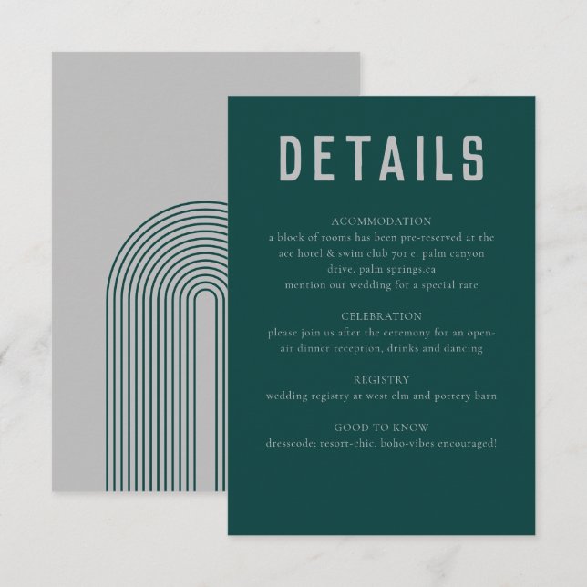 Modern Boho Geometric Arch Green Grey Wedding Enclosure Card (Front/Back)