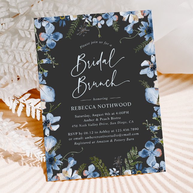 Modern Boho Gray Dusty Blue Floral Bridal Brunch Invitation (Creator Uploaded)