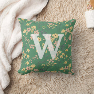 Modern Boho Green Floral Monogram Initial Cushion