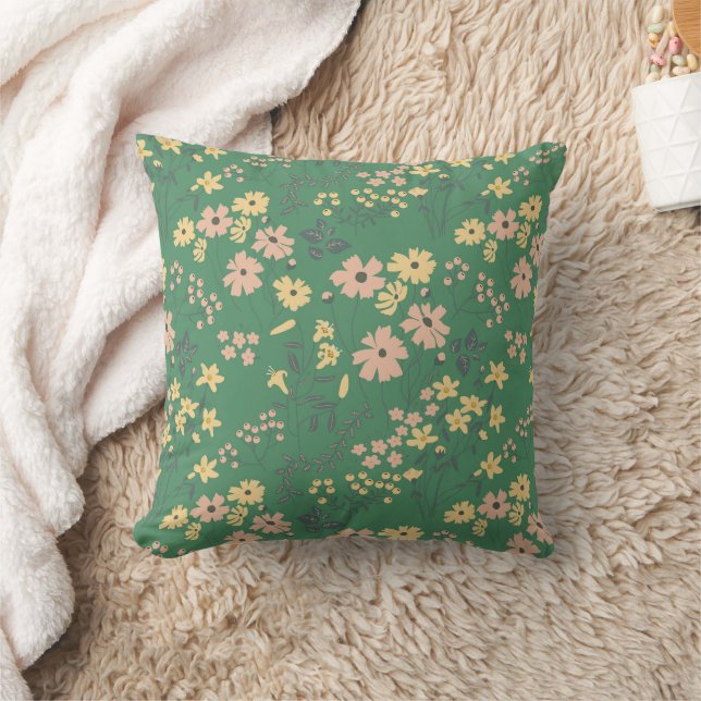 Modern Boho Green Floral Pattern Cushion (Blanket)