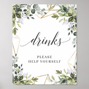 Modern boho greenery foliage gold drinks sign