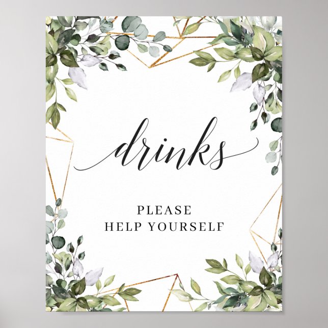 Modern boho greenery foliage gold drinks sign (Front)