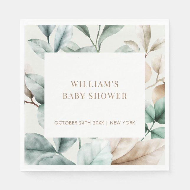 Modern Boho Greenery Leaves Baby Shower  Napkin (Front)