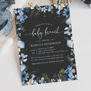 Modern Boho Grey Blue Floral Baby Brunch Shower Invitation