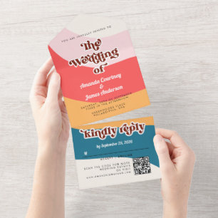 Modern Boho Groovy Retro 70s Wedding  All In One Invitation