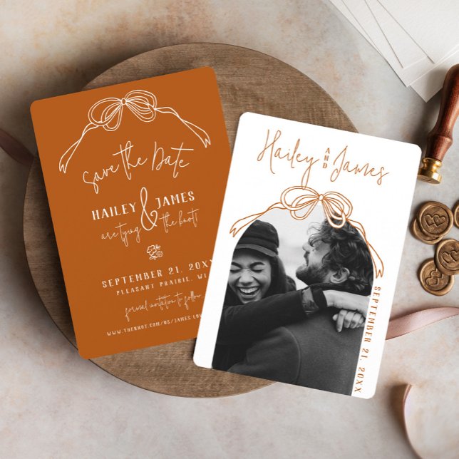 Modern boho hand drawn bow TERRACOTTA wedding Save The Date (Rustic boho terracotta burnt orange hand drawn bow modern arch photo classy wedding save the date)