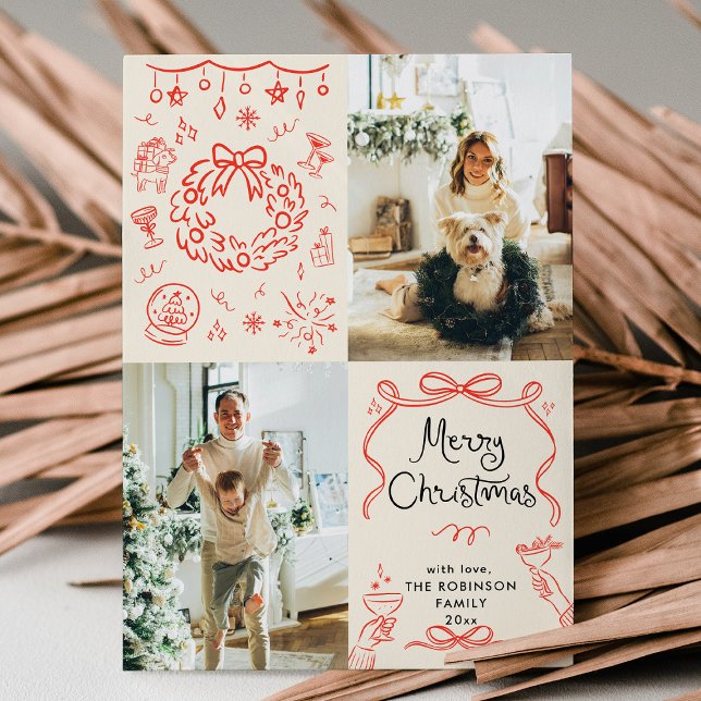Modern Boho Hand Drawn Bows Merry Christmas Photo Holiday Card (Creator Uploaded)