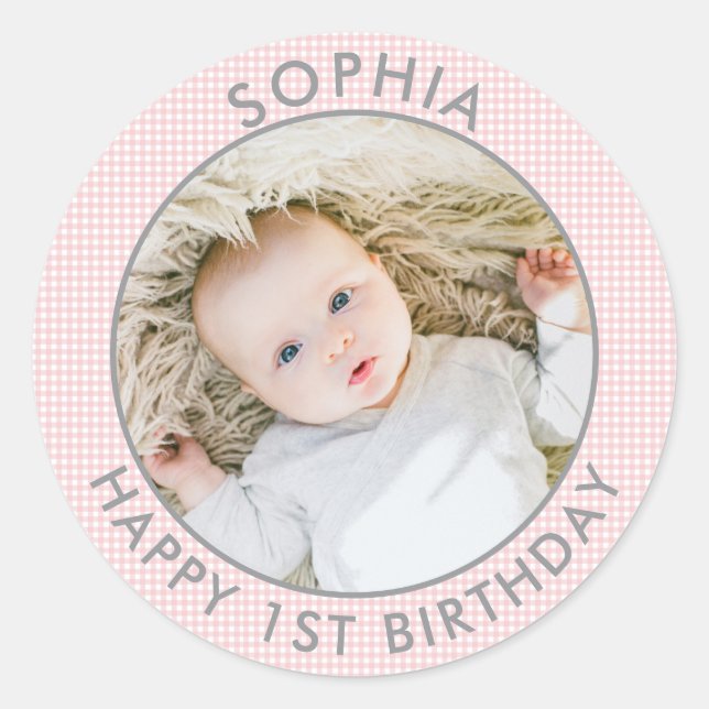 Modern Boho Happy 1st Birthday Photo Cute Classic Round Sticker (Front)
