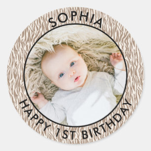Modern Boho Happy 1st Birthday Photo Safari Classic Round Sticker