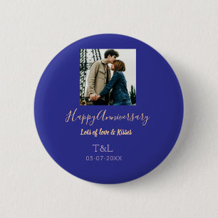 Modern boho happy anniversary add name blue orange 6 cm round badge