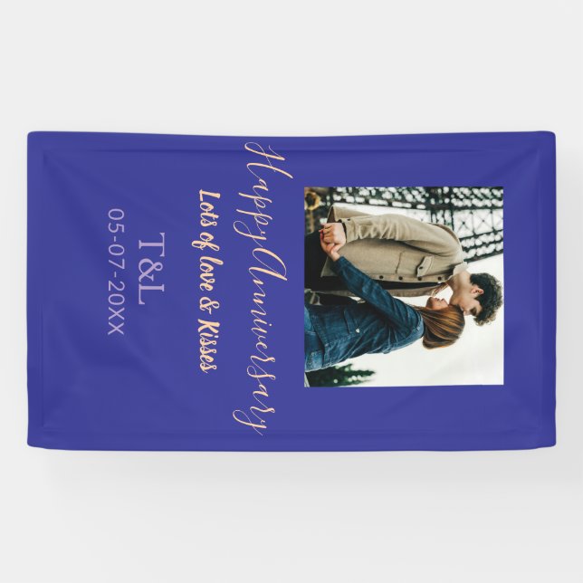 Modern boho happy anniversary add name blue orange banner (Horizontal)