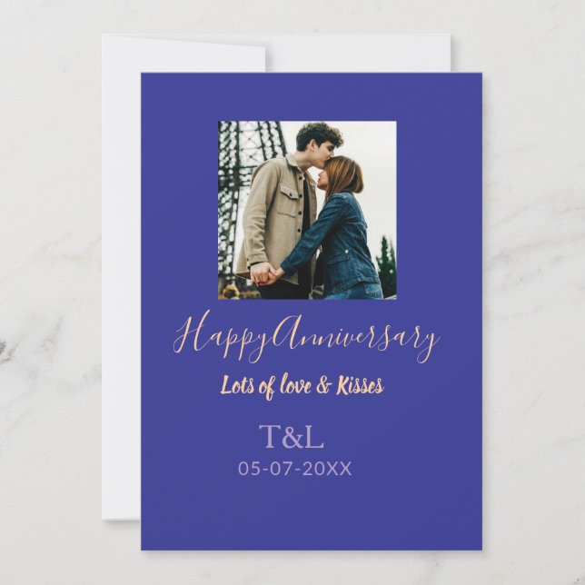 Modern boho happy anniversary add name blue orange invitation (Front)