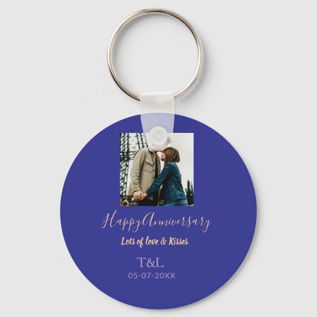 Modern boho happy anniversary add name blue orange key ring (Front)