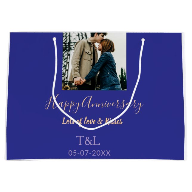 Modern boho happy anniversary add name blue orange large gift bag (Front)