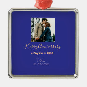Modern boho happy anniversary add name blue orange metal tree decoration