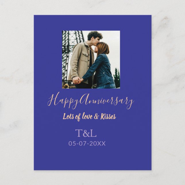 Modern boho happy anniversary add name blue orange postcard (Front)