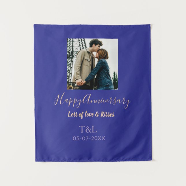 Modern boho happy anniversary add name blue orange tapestry (Front)