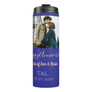 Modern boho happy anniversary add name blue orange thermal tumbler