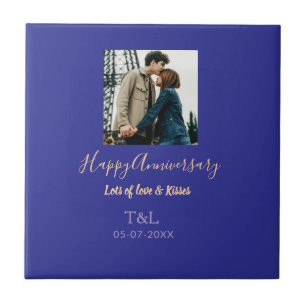 Modern boho happy anniversary add name blue orange tile