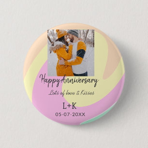 Modern boho happy anniversary add name date orange 6 cm round badge