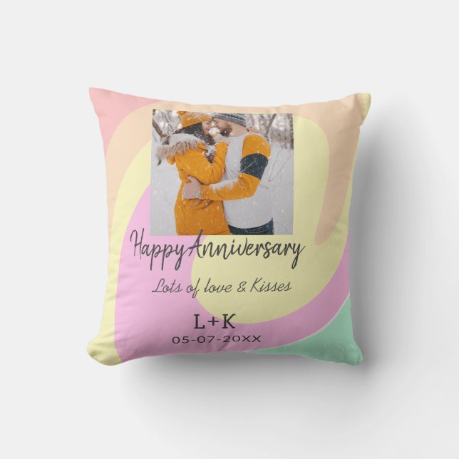 Modern boho happy anniversary add name date orange cushion (Front)