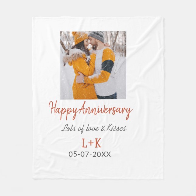 Modern boho happy anniversary add name date orange fleece blanket (Front)