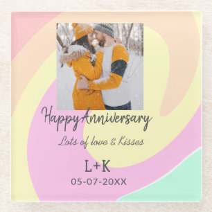 Modern boho happy anniversary add name date orange glass coaster
