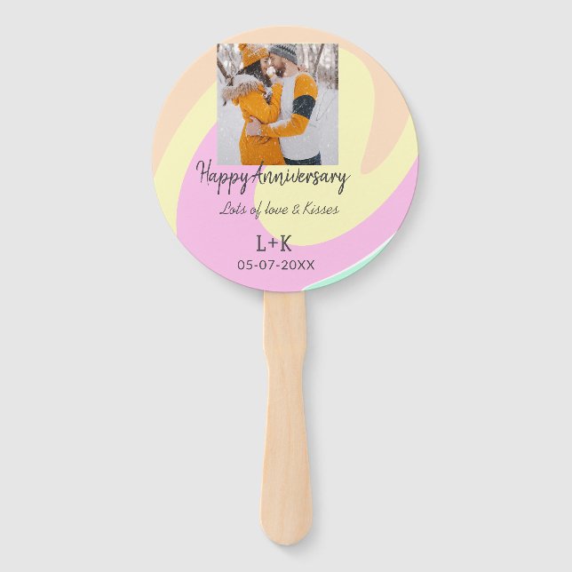 Modern boho happy anniversary add name date orange hand fan (Front)