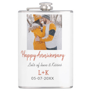Modern boho happy anniversary add name date orange hip flask